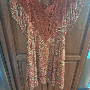 Free People Asymmetrical Midi Dress in Orange and Green